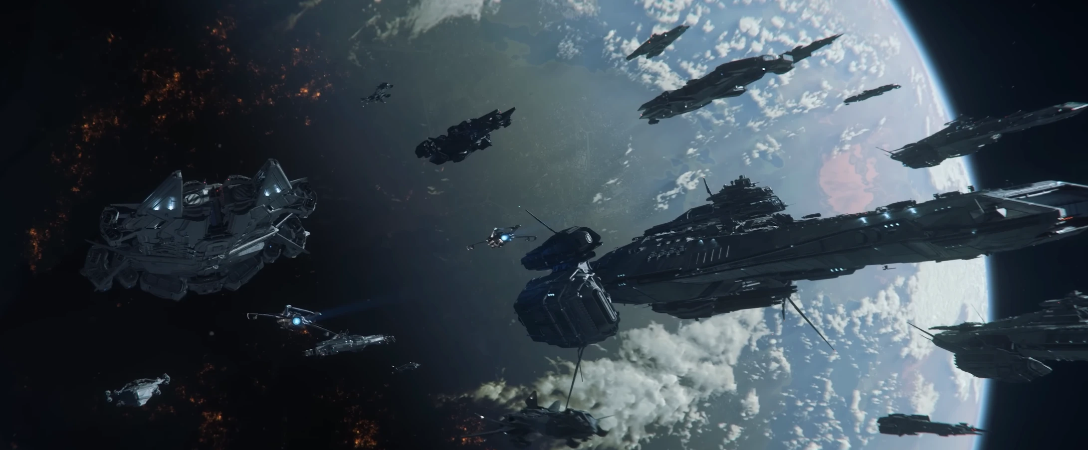 Scena di combattimento spaziale in Squadron 42 con caccia dell'UEE